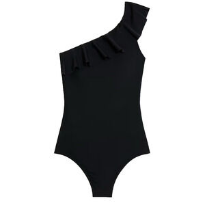 J. Crew Factory Ruffle One Shoulder One Piece Swimsuit Black Size‎ Large CA227